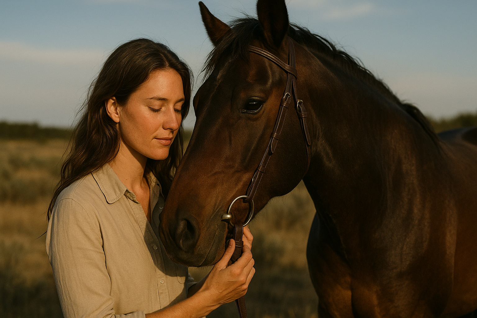 Giovane donna che appoggia con serenità la testa al muso di un cavallo