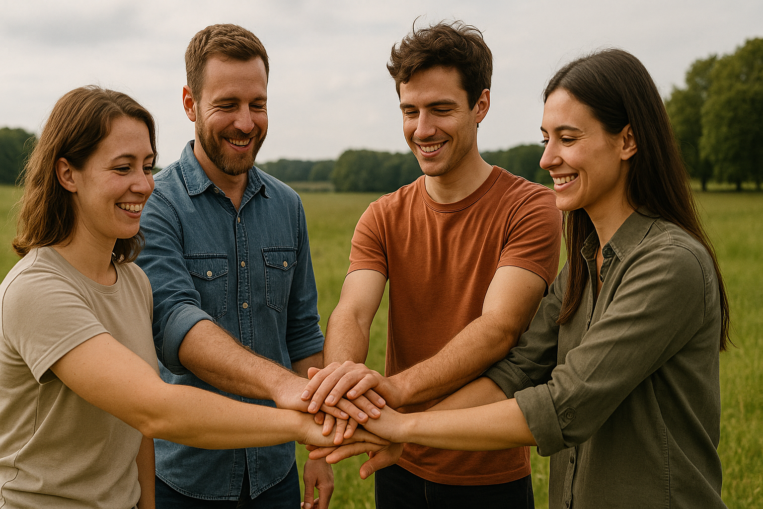Persone che fanno team building in cerchio nella natura