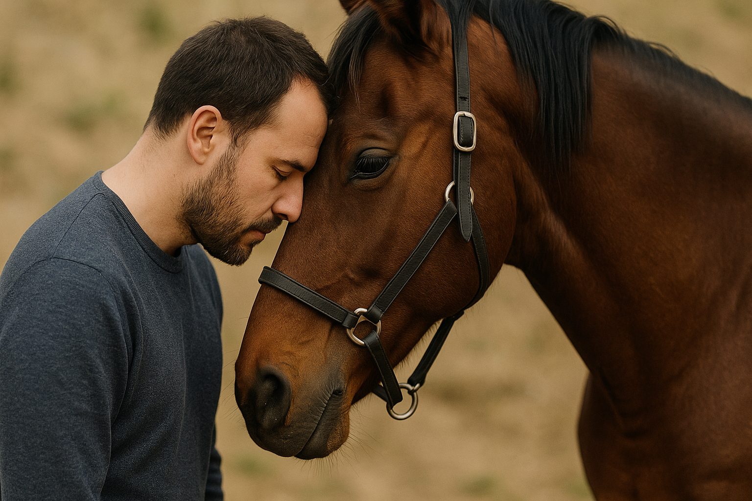 Uomo con occhi chiusi e testa appoggiata quella di un cavallo